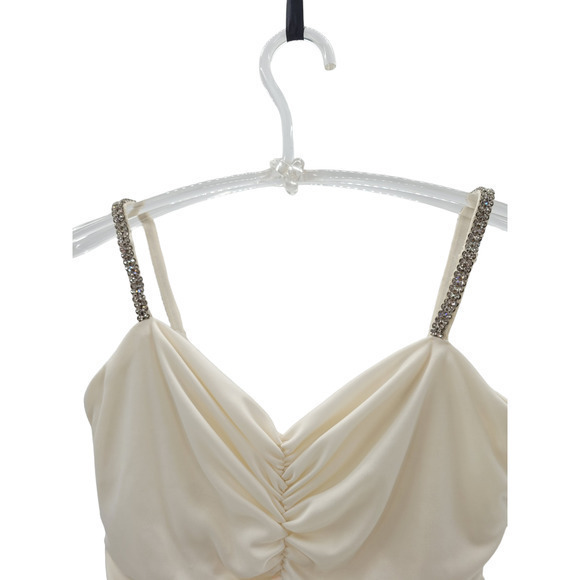 HP Vintage Nicole Gather Ruched Rhinestone Spaghetti Strap Maxi Prom Dress - Picture 5 of 13